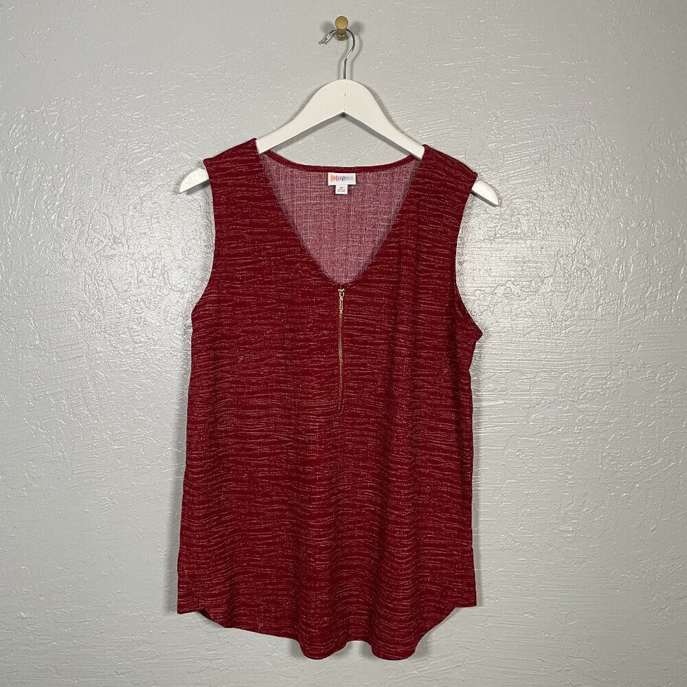 Lularoe Women M Red Beige Heather Rachael V Neck Zipper Tank Textured Knit